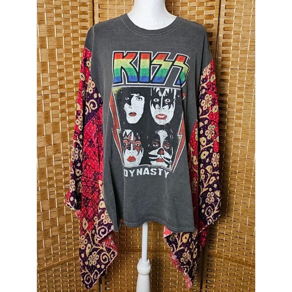 Kiss Upcycled Band Kantha Poncho Top OS - Picture 1 of 8